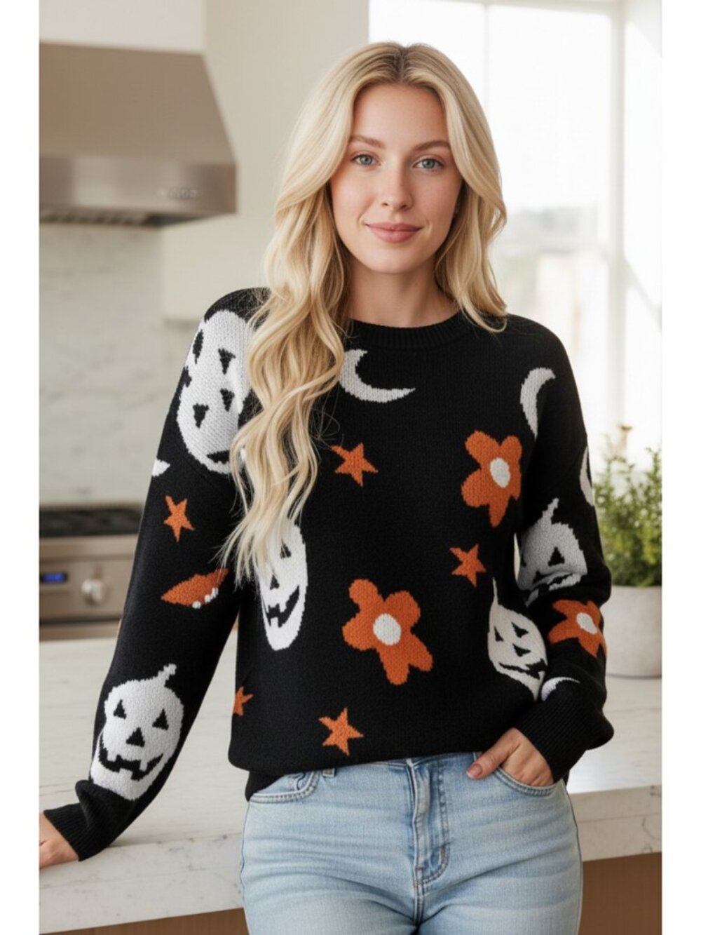 Retro Pumpkin Daisy Celestial Moon Crew Neck Long Sleeve Halloween Knit Sweater